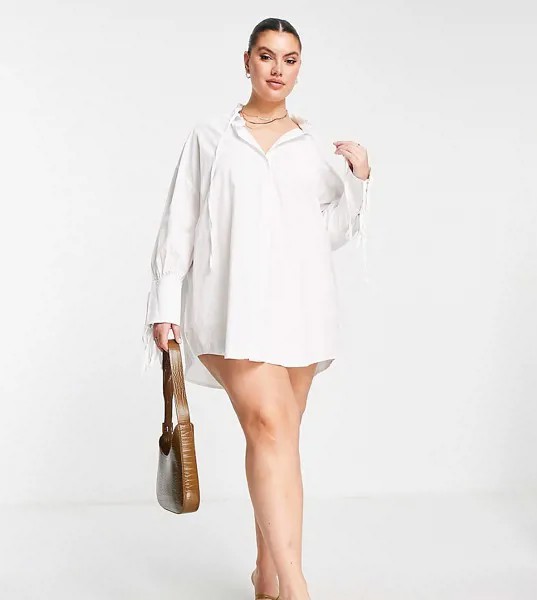 Белое платье-рубашка с рюшами на воротнике и завязками на рукавах In The Style Plus x Dani Dyer-Белый