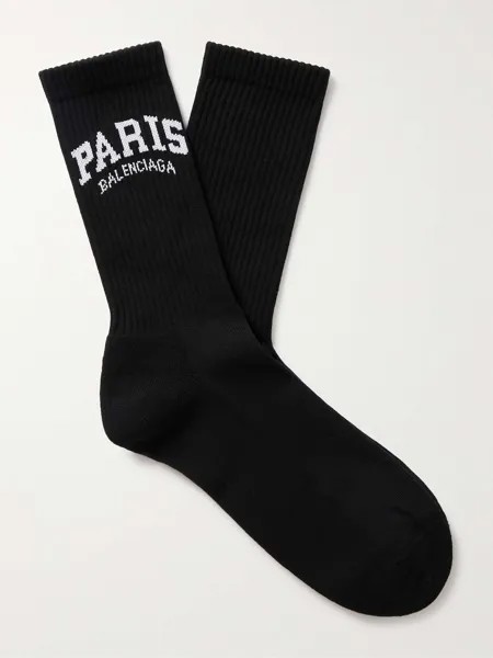 Жаккардовые носки в рубчик из смесового хлопка с логотипом Cities BALENCIAGA, черный