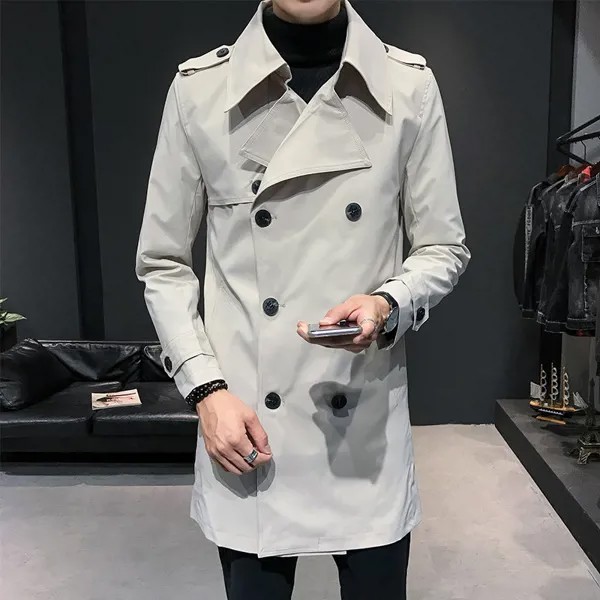 Двубортный тренчкот для мужчин, классическая элегантная мужская длинная куртка в британском стиле, английский плащ, цвет белый