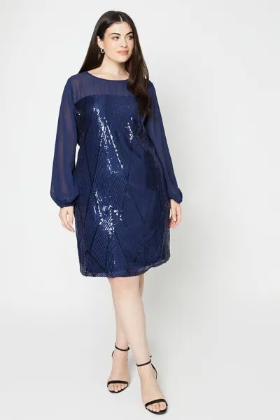 Свободное платье с сетчатой ​​вставкой и пайетками Curve Wallis, темно-синий