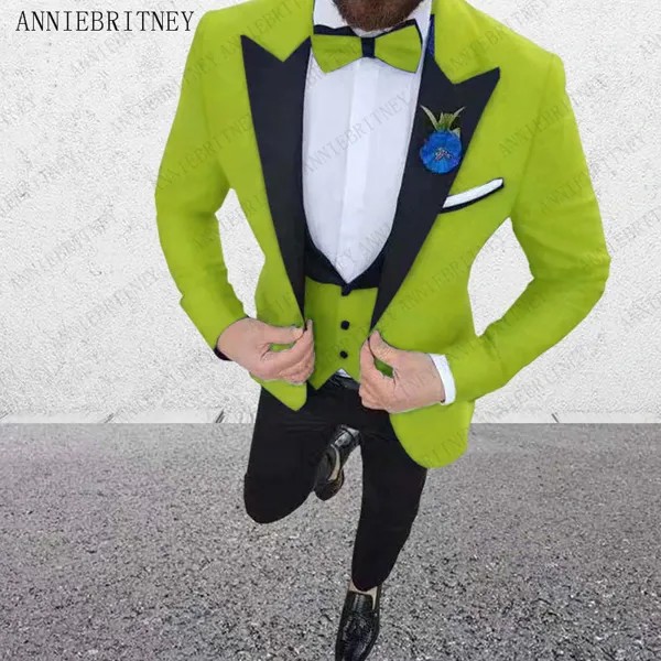 Мужской свадебный смокинг для жениха ANNIEBRITNEY, костюм зеленого и желтого цвета, 2019, костюм для мужчин, 3 предмета, модный блейзер (пиджак + брюки...
