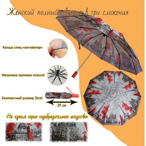 Смарт-зонт Sponsa, автомат, 3 сложения, купол 98 см., 10 спиц, система «антиветер», чехол в комплекте, для женщин, мультиколор
