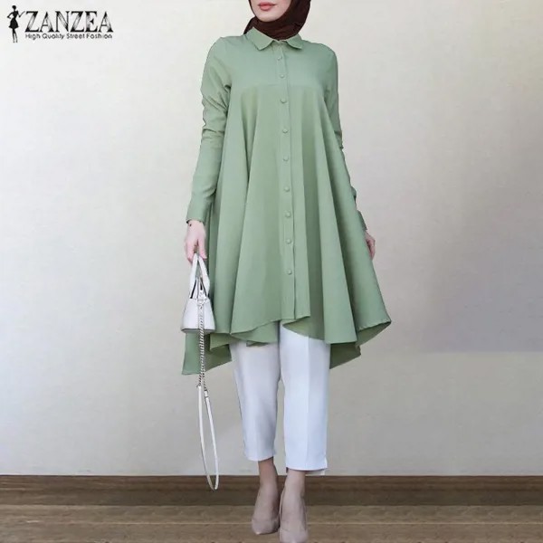 ЗАНЗЕА мусульманские женщины блузка Turn-Down воротник длинный рукав твердый цвет рубашка мода случайный Ближнего Востока Малайзии Одежда