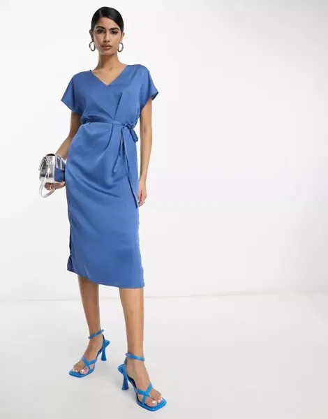 Синее атласное платье-футболка средней длины Vila с завязывающимся поясом