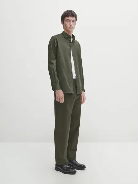 Рубашка из хлопкового саржа стрейч Massimo Dutti, темно-зеленый