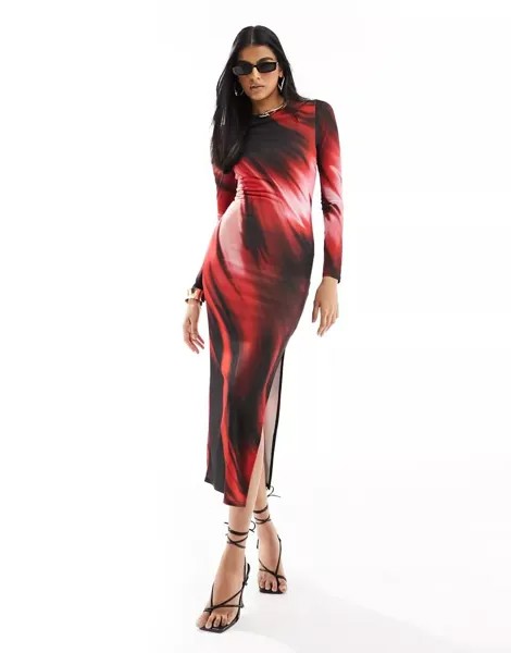 Красное платье макси с длинными рукавами и градиентным принтом Miss Selfridge