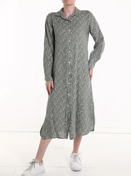Длинное льняное платье-рубашка с цветочным принтом, темно-оливковый