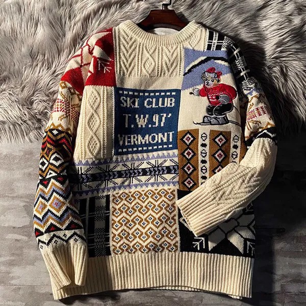 Теплый зимний мужской свитер в стиле пэчворк с вышивкой, плотный пуловер с круглым вырезом, топы, вязаные мужские Рождественские свитера, вязаный джемпер в стиле Харадзюку
