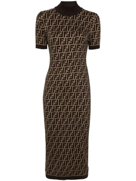 FENDI платье миди с узором FF, коричневый
