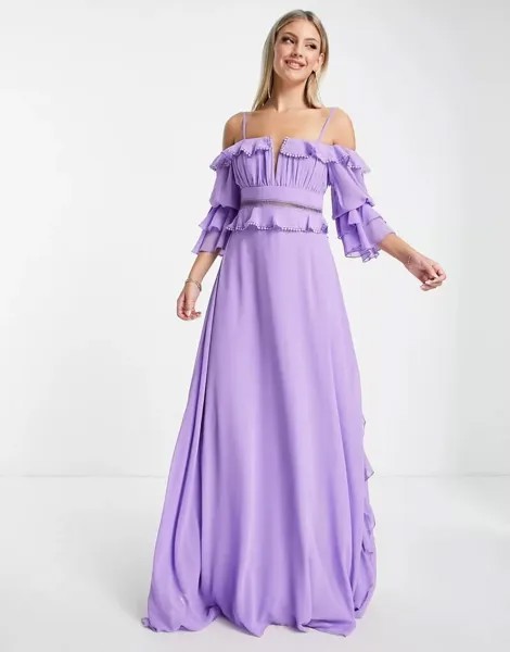 Платье Trendyol фиолетового цвета с рукавами-бандо и рюшами
