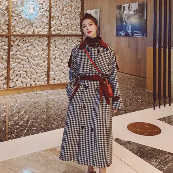 Зимнее шерстяное пальто, женское длинное Свободное пальто с лацканами в Корейском стиле, дамский плащ, в клетку, прямой, в стиле «гусиные лап...