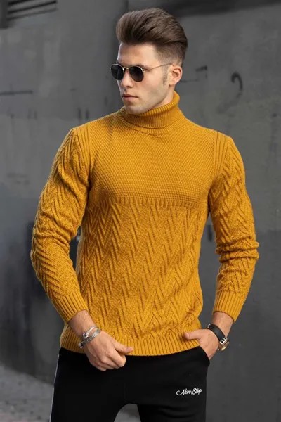 Горчичный вязаный свитер Turtleneck с узором 4655 MADMEXT