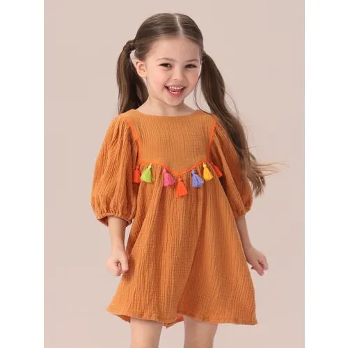88132, Платье для девочки летнее Happy Baby платье муслиновое детское, хлопковое, с длинным рукавом, белое с веточками, размер 110-116