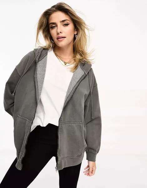 Оверсайз-худи серого цвета на молнии Pull&Bear