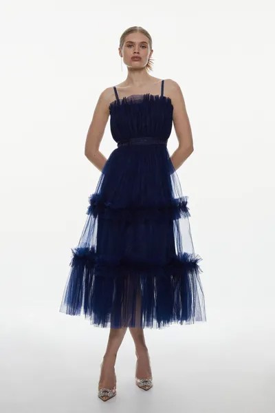 Многоярусное платье миди из тюля-бандо Karen Millen, темно-синий