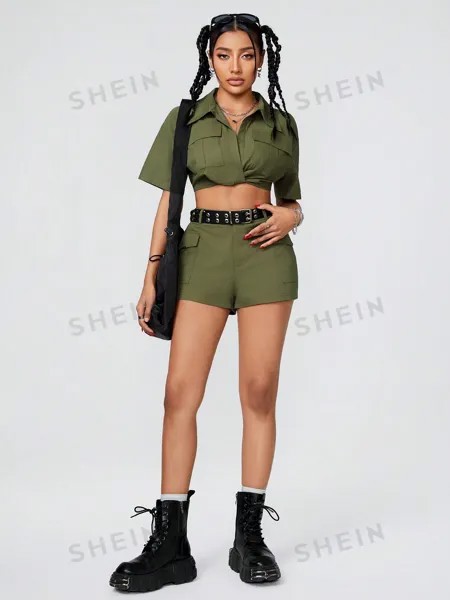 Рубашка-карго и шорты Shein Coolane с короткими рукавами, зеленый