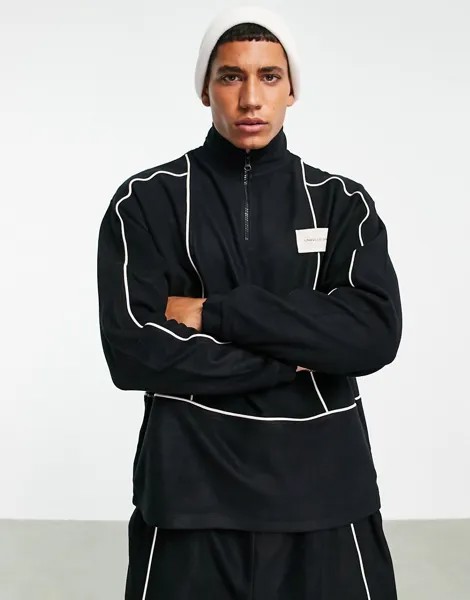 Флисовый свитшот в стиле oversized с короткой молнией, окантовкой и нашивкой с логотипом ASOS Unrvlld Spply-Черный цвет