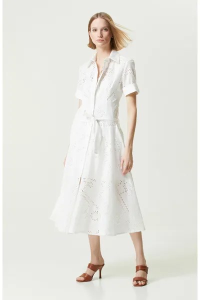 Белое гипюровое платье с длинным рукавом и воротником-рубашкой Network, белый