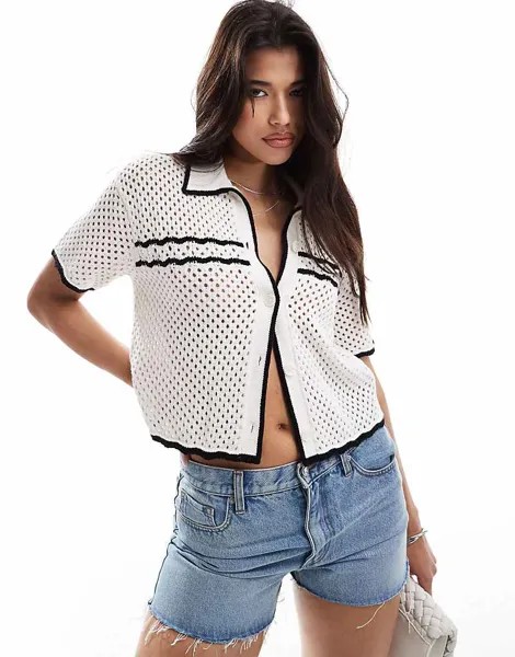Abercrombie & Fitch – Белая рубашка-поло с короткими рукавами, связанная крючком с контрастными полосками