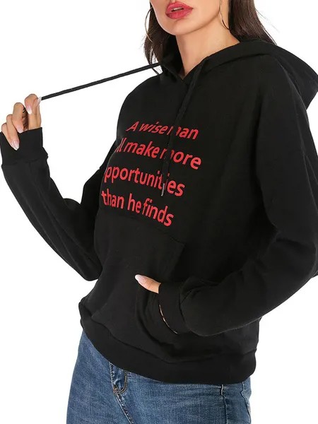 Milanoo Women\'s Hoodie Black Long Sleeves Printed Cotton Classic Hooded Sweatshirt