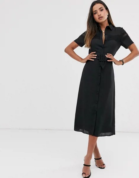 Платье-рубашка миди на пуговицах с кружевной вставкой и поясом Fashion Union-Черный