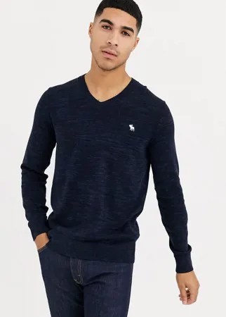 Темно-синий трикотажный джемпер с V-образным вырезом и логотипом Abercrombie & Fitch