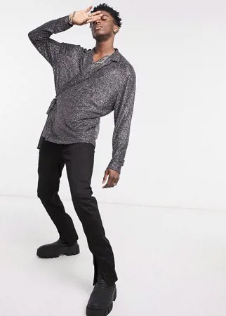 Свободный черный лонгслив на запахе и с эффектом металлик ASOS DESIGN-Серебряный