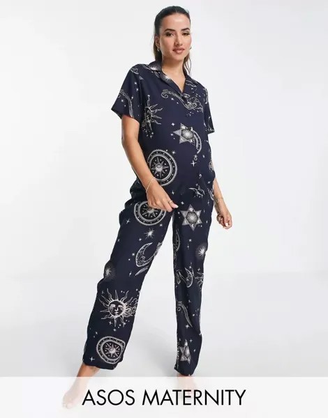 Темно-синяя рубашка и брюки-пижама с гороскопом ASOS DESIGN Maternity