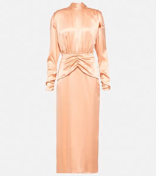 Платье миди из шелкового атласа с завязками на воротнике ALESSANDRA RICH, розовый