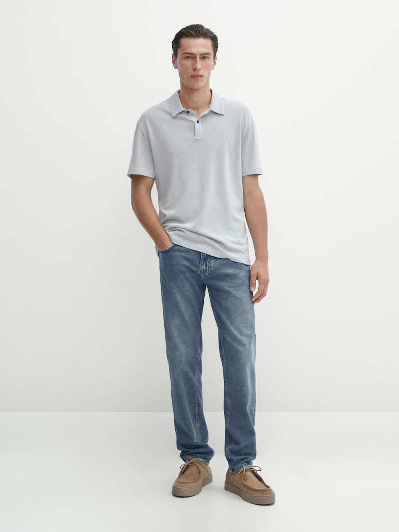 Рубашка-Поло из смесового льна с короткими рукавами Massimo Dutti, синий