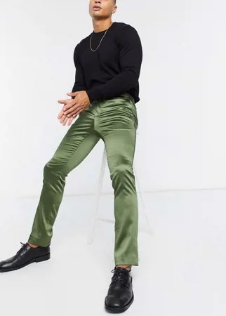 Атласные брюки скинни цвета хаки Twisted Tailor-Зеленый