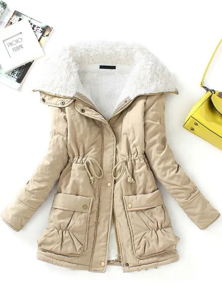 Milanoo Puffer Coats For Women Khaki Warmth Preservation Turndown Collar Zipper Zipper Long Sleeves
