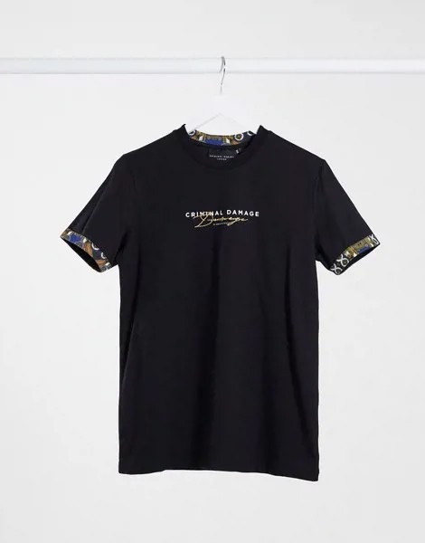 Черная футболка с принтом на манжетах Criminal Damage-Черный цвет