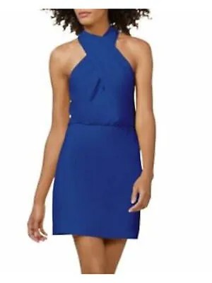 Женское синее платье-футляр без рукавов из крепа с пуговицами сзади HALSTON синего цвета 4