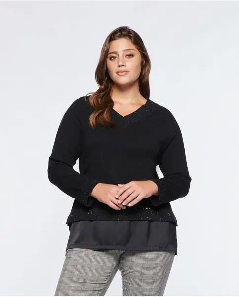Женский свитер с V-образным вырезом и атласной вставкой Fiorella Rubino, черный