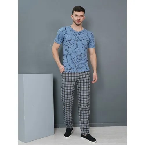 Комплект LOVETEX.STORE, брюки, футболка, карманы, пояс на резинке, трикотажная, размер 48, синий, серый