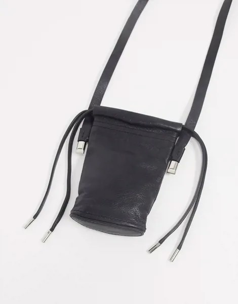 Черная кожаная сумка на шею с декоративными шнурками ASOS DESIGN-Черный цвет
