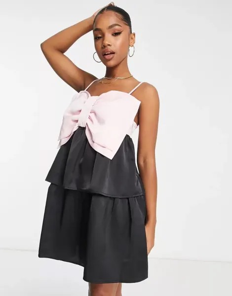Черное многоярусное оверсайз-платье мини Pieces Premium с розовым бантом