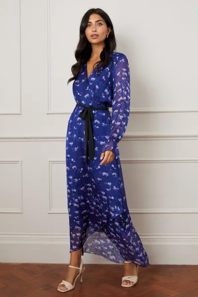 Высокое шелковое платье миди с запахом и цветочным принтом Wallis, синий