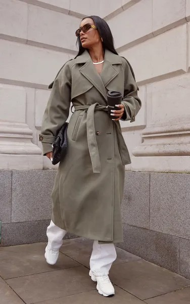 PrettyLittleThing Хаки-оверсайзное двубортное пальто с отделкой в ​​стиле милитари