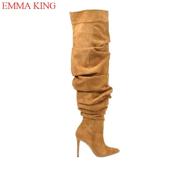 Дизайнерские Сапоги выше колена с острым носком, женские модные плиссированные высокие сапоги до бедра на высоком каблуке, зимняя пикантная женская обувь 2021