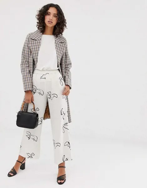 Широкие брюки с принтом и эластичным поясом Selected Femme-Белый