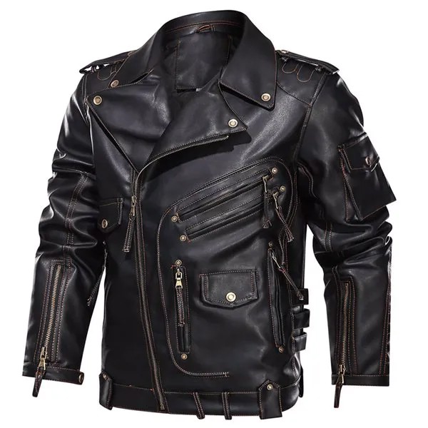 Мужская зимняя кожаная куртка, мотоциклетная куртка из искусственной кожи, мужские крутые кожаные велосипедные куртки на молнии с несколькими карманами, мужские пальто