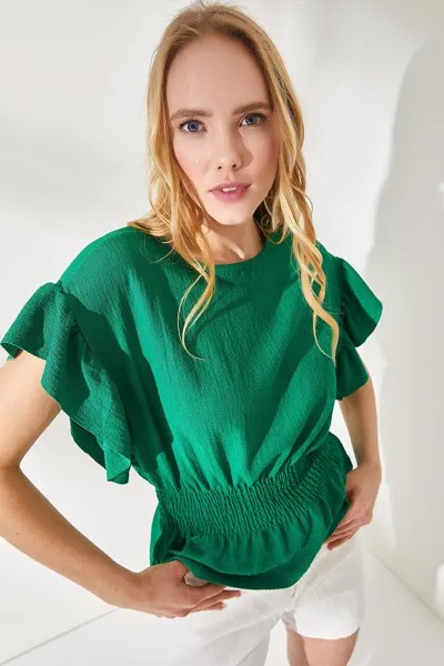 Женская блузка летучая мышь травяного цвета с эластичной резинкой на талии и рукавами с оборками Olalook, зеленый