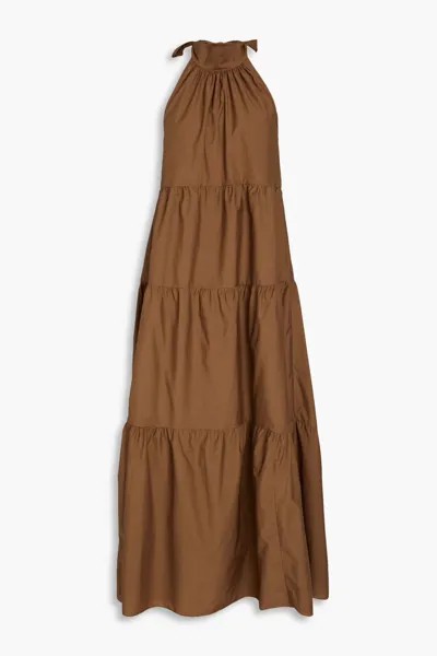 Платье миди из хлопкового поплина со сборками и воротником-хомутом Theory, темно коричневый