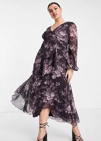 Платье миди на запахе с двухслойной юбкой и винтажным цветочным принтом ASOS DESIGN Curve-Разноцветный