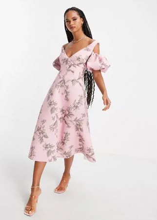 Корсетное платье миди для выпускного с цветочным принтом и открытыми плечами ASOS DESIGN-Multi