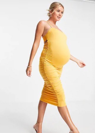 Платье миди персикового цвета с квадратным вырезом, сборками и двойным ремешком на спинке ASOS DESIGN Maternity-Оранжевый цвет