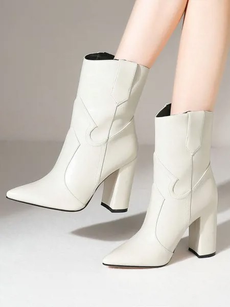 Milanoo Women Booties Pointed Toe Chunky Heel PU Leather Eric White Ankle Boots