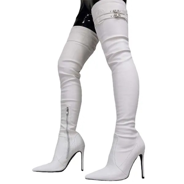 Женские ботфорты на тонком каблуке, белые эластичные сапоги на высоком каблуке, с застежкой-молнией, большие размеры до 47